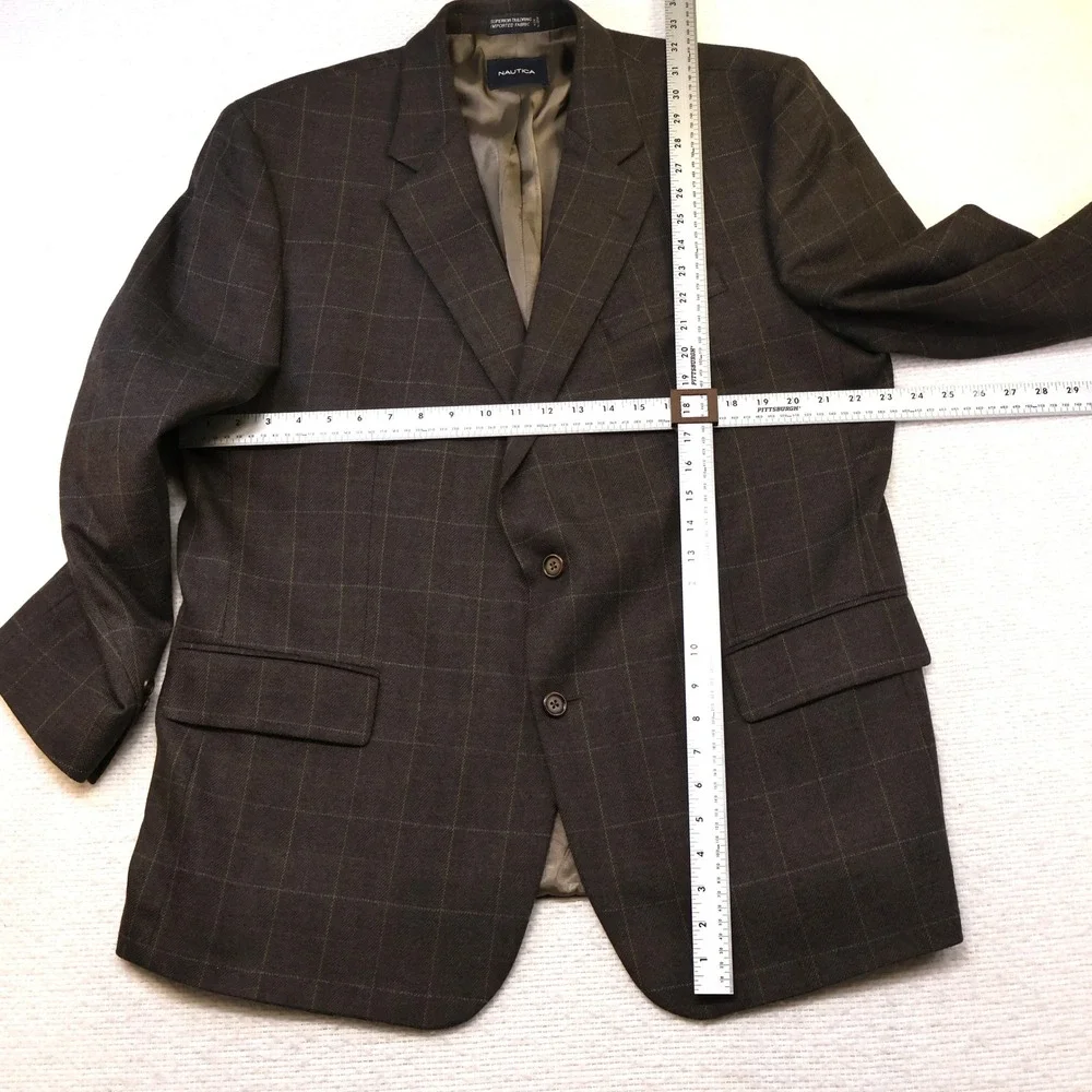 Nautica Mens 46R Blazer Brown Lambswool Plaid Herringbone Sport Coat M738